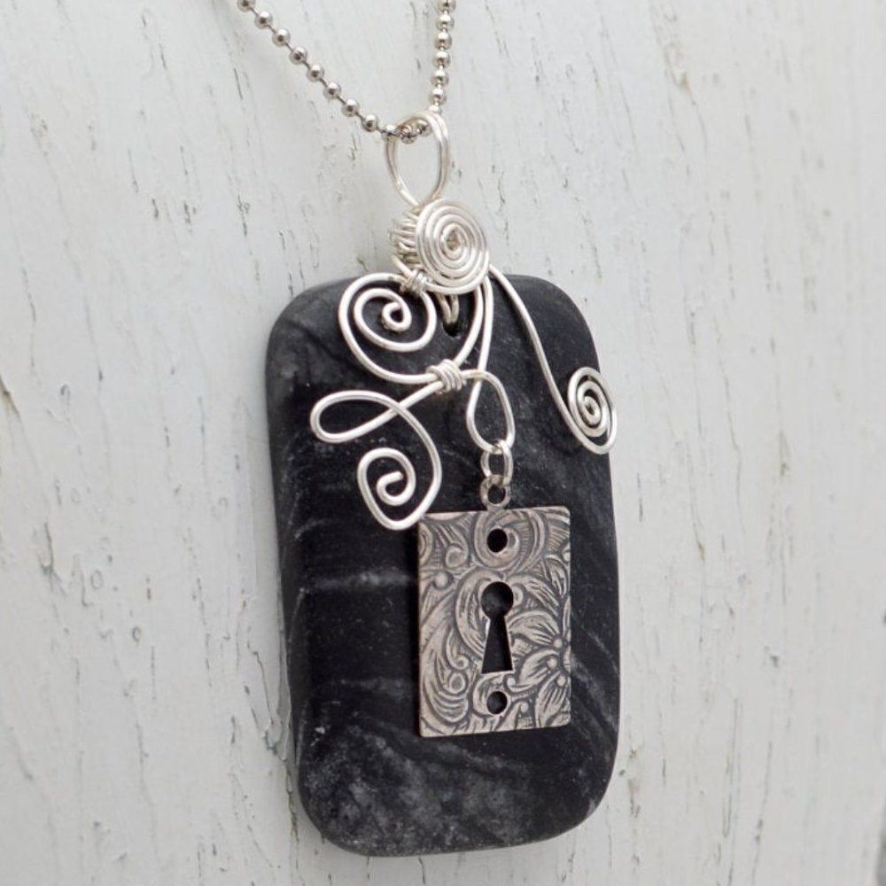 Black and Grey Marble Pendant Necklace with Vintag